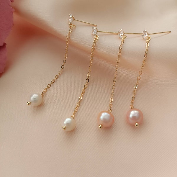 Long chain pearl CZ stud earring | Round freshwater pearl drop earring | Aqua chalcedony earrings | Genuine rice pearl dangling earring