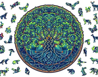 Mandala Tree of Life Wooden Jigsaw Puzzle – Difficult, Unique Shape (28x28 cm)