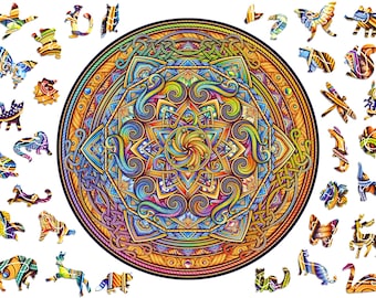 Mandala Wooden Jigsaw Puzzle – Unique Animal Pieces, Colorful Harmony (28x28 cm)
