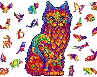 Wooden Cat Jigsaw Puzzle – Colorful Animal Theme, Unique Shapes (32x20.5cm)