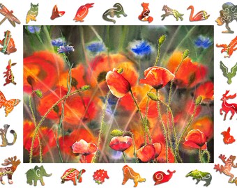 May include: Watercolor painting of a field of red poppies with blue cornflowers in the background. The painting is framed by a border of various animal and nature silhouettes.