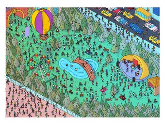 Może przedstawiać: Kolorowa ilustracja przedstawiająca park z kołem widokowym, stawem, mostem, sceną i balonem na gorące powietrze. W parku jest wiele osób, niektóre siedzą na kocach, inne spacerują, a jeszcze inne grają muzykę na scenie.