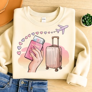 Passport in One Hand PNG & SVG – Cute Travel Girl T-Shirt Design with Pink Luggage, Hearts, and Airplane Clipart