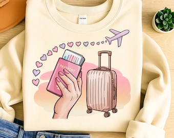 Passport in One Hand PNG & SVG – Cute Travel Girl T-Shirt Design with Pink Luggage, Hearts, and Airplane Clipart