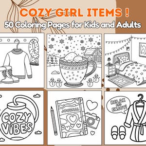 Cozy Girl Items Coloring Pages Advent For Kids and Adults: Bold and Easy Cute Designs for Stress Relief with Simple Stuffs and Cozy Moments