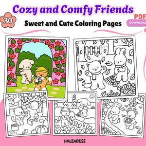 Cozy and Comfy Friends Coloring Pages for Teens & Adults | Cute Fuzzy animal friends enjoying garden life in Summer | PDF Instant Download