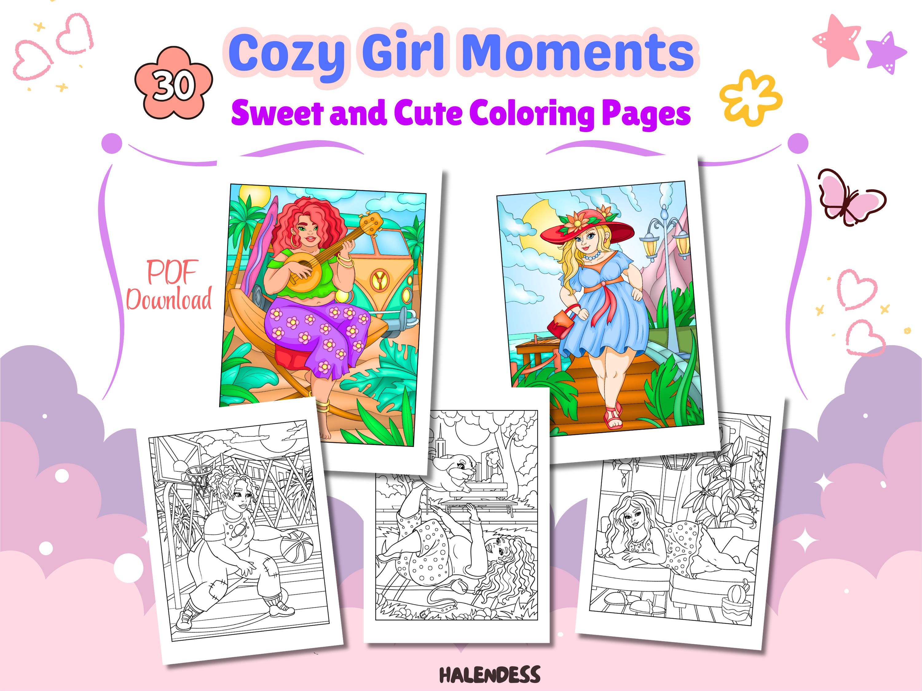 Cozy Girl Moments Coloring Pages for Teens & Adults | Featuring Cute Curvy Girl in relaxing daily scenes for Stress Relief and Self Love