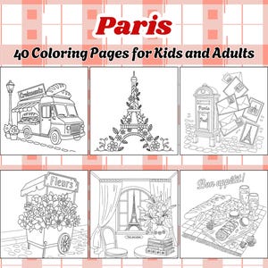 Paris Coloring Pages for Kids and Adults| Simple and Fun Paris Scenes with Food, Dessert, Eiffel Tower, Croissants and Cute Landmarks