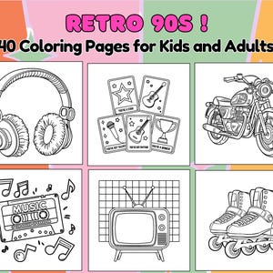 Retro 90s Coloring Pages Fun Designs for Kids & Adults| Celebrate the Iconic 90s with Nostalgic for 90s Kids, Parties, and Creative Fun!