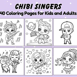 Chibi Singers Coloring Pages| Adorable Kawaii Singer Characters, Printable Cute Music Stars, Fun and Unique Art Therapy for Kids and Adults
