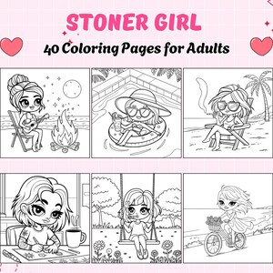 大人向けのストーナーガールぬり絵 | 楽しくてリラックスできるチビガールで、リラックスした雰囲気、クリエイティブなセルフケア、ストレス解消 | PDF ダウンロード
