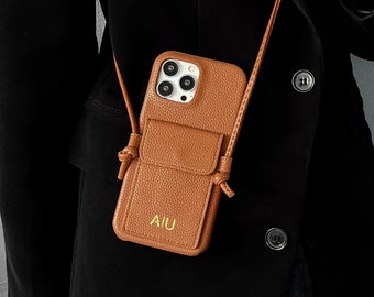 Crossbody leather phone case, personalized card bag iPhone case, card holder phone case, iPhone 15 14 13 12 11 Pro Mini Pro max Case