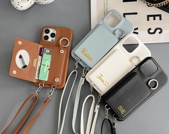 Card wallet crossbody iPhone case, hot press personalized name initial leather iPhone case, iPhone 15 14 13 12 11 Pro Mini Pro max