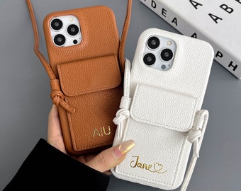 Personalized leather phone case with crossbody strap, leather card wallet iPhone case, iPhone 15 14 13 12 11 Pro Mini Pro max Case