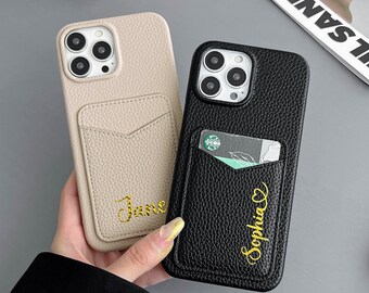 Étui de téléphone personnalisé en cuir monogramme, étui pour iPhone avec fente pour carte, étui de téléphone porte-cartes personnalisé, étui pour iPhone 15 14 13 12 11 Pro Mini Pro max