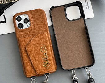 Personalized Leather wallet phone case with crossbody strap, custom card slot phone case, iPhone 15 14 13 12 11 Pro Mini Pro max