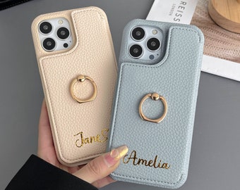 Personalized finger ring phone case, custom leather iPhone case, card wallet phone case, iPhone 15 14 13 12 11 Pro Mini Pro max Case