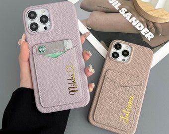 Leather phone case, personalized card slot iPhone case, custom card holder phone case, iPhone 15 14 13 12 11 Pro Mini Pro max Case