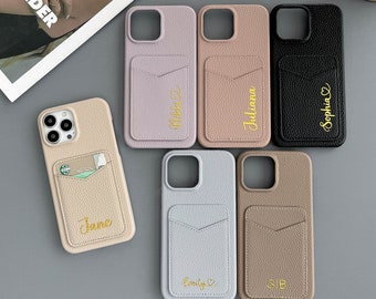 Personalized card slot leather phone case, monogram iPhone case, card holder phone case, iPhone 15 14 13 12 11 Pro Mini Pro max Case