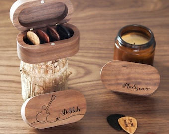 Personalisierte Musiker Valentinstag Geschenk Ihn, Gravieren Plektrum Halter, Holzkiste für Gitarristen