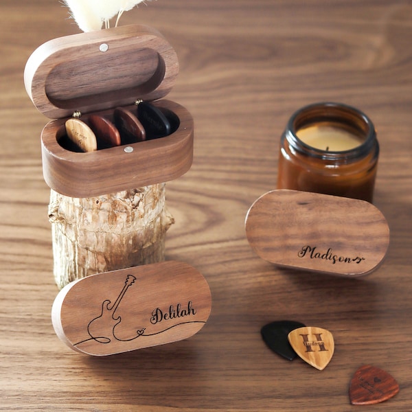 Personalized Musician Valentines Day Gift Him, Engrave Guitar Pick Case, Custom Picks Plectrum Holder, Wooden Box for Guitar Player