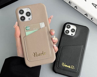 Personalized initial leather phone case, leather iPhone case, card slot holder phone case, iPhone 15 14 13 12 11 Pro Mini Pro max