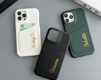 Funda de teléfono de cuero personalizada, funda de iPhone inicial con monograma, funda de teléfono con ranura para tarjeta, iPhone 15 14 13 12 11 Pro Mini Pro max Case