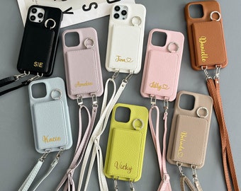 Custom crossbody strap iPhone case, personalized name leather card wallet slot iPhone case, iPhone 15 14 13 12 11 Pro Mini Pro max