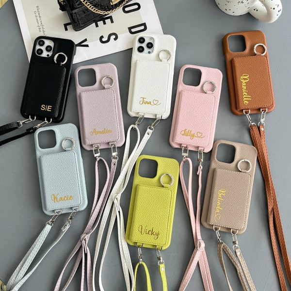 Custom crossbody strap iPhone case, personalized name leather card wallet slot iPhone case, iPhone 15 14 13 12 11 Pro Mini Pro max