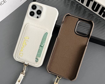 Card slot iPhone case, personalized leather card holder iPhone case, wrist strap phone case, iPhone 15 14 13 12 11 Pro Mini Pro max Case