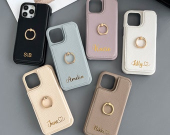 Stand ring leather phone case, personalized card slot iPhone case, card holder phone case, iPhone 15 14 13 12 11 Pro Mini Pro max Case