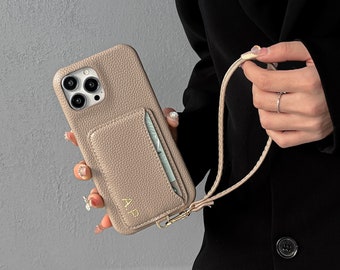Personalized Initial Leather phone case, single card slot iPhone case, card holder phone case, iPhone 15 14 13 12 11 Pro Mini Pro max Case