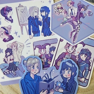 May include: A collection of anime-style stickers featuring characters in various poses and outfits, including a hexagonal sticker with two figures and a small creature, and a sheet labeled Lovers with multiple illustrations in shades of blue and purple.