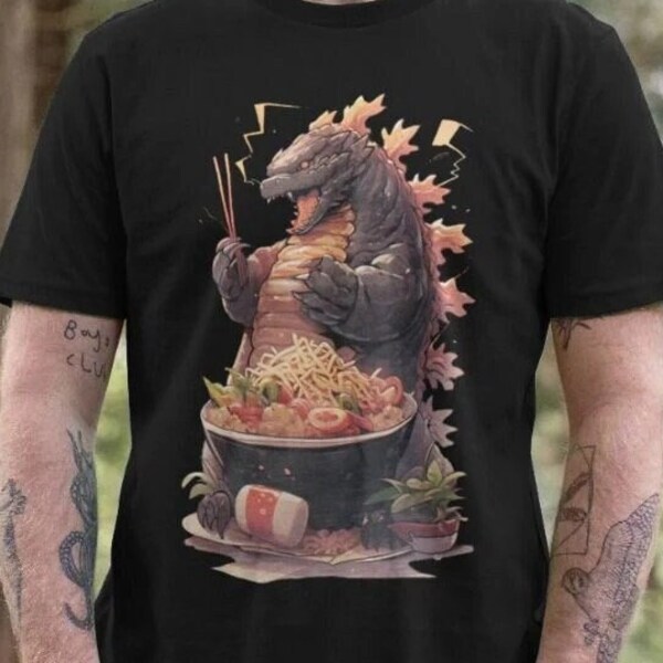 Godzilla Munchies : eating Ramen, Godzilla T-shirt, Ramen Noodle Shirt, Japanese Food lover, Kaiju T-shirt, kawaii noodle soup shirt