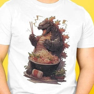 Godzilla Munchies : eating Ramen, Godzilla T-shirt, Ramen Noodle Shirt, Japanese Food lover, Kaiju T-shirt, kawaii noodle soup shirt