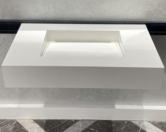 Handcrafted White Quartz Bathroom Vanity Sink With A Removable Ramp Cover Plate: Wall Mount or Vanity Top