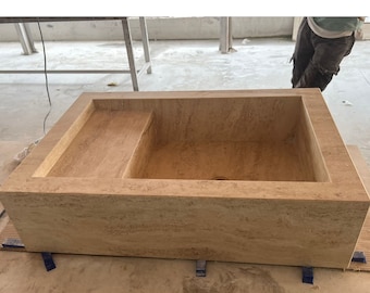 Handcrafted Beige Travertine Sink: Vein Cut Stone Vessel