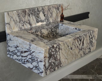 Lavandino in marmo Calacatta Viola fatto a mano: piano per mobile bagno personalizzato