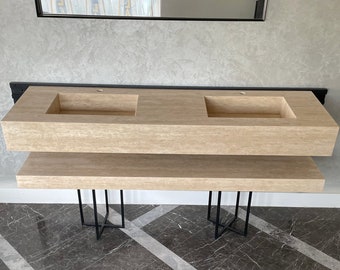 Custom Travertine Sink and Matching Shelf, Handmade Beige Travertine Sink, Vein Cut Travertine Floating Sink, Sink For Bathroom, Marble Sink