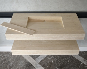 Custom Travertine Sink and Matching Shelf, Handmade Custom Beige Travertine Sink, Vein Cut Travertine Floating Sink, Sink For Bathroom