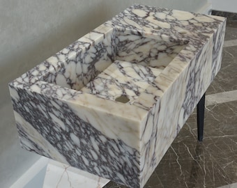 Lavandino in marmo Calacatta Viola fatto a mano: piano per mobile bagno personalizzato