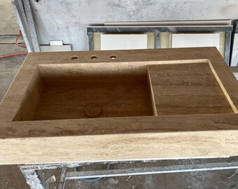 Handcrafted Vein Cut Travertine Sink: Custom Rustic Bathroom Vanity