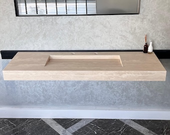 Handmade Vein Cut Beige Travertine Sink: Custom Bathroom Vanity Top