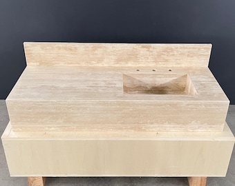 Handmade Vein Cut Travertine Sink: Custom Beige Bathroom Vanity