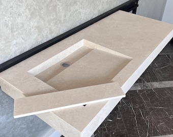 May include: A white rectangular bathroom sink with a single hole for a faucet. The sink is mounted on a black metal frame and has a white countertop.