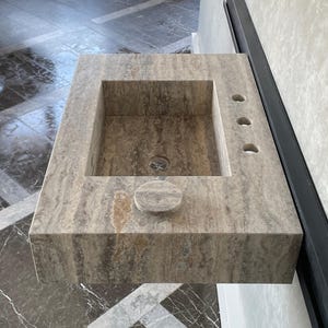 Handmade Vein Cut Silver Travertine Sink: Custom Bathroom Vanity image 2