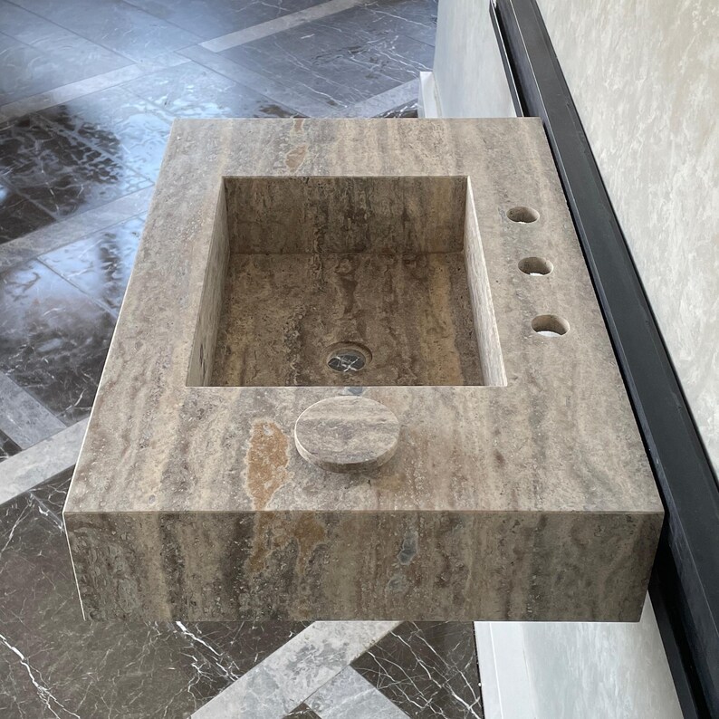 Handmade Vein Cut Silver Travertine Sink: Custom Bathroom Vanity image 2
