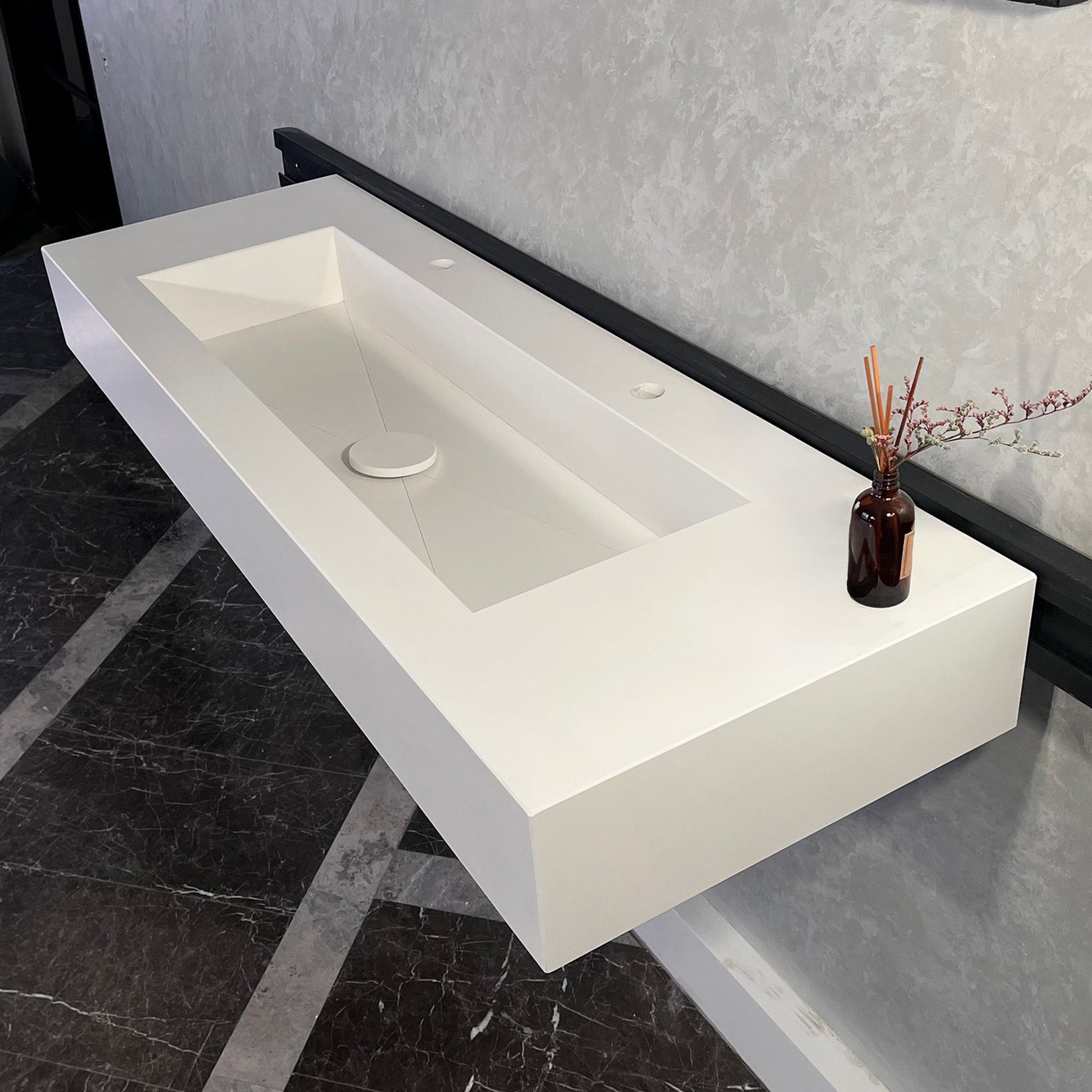 Quartz Countertop, Bathroom Vanity With Single Trough Sink, Vessel Sink ...
