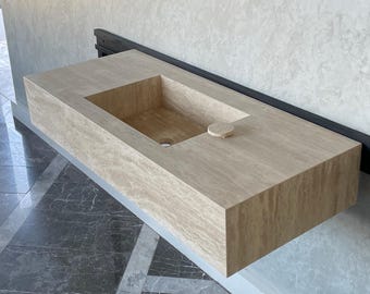 Handmade Vein Cut Travertine Sink: Custom Beige Bathroom Vanity