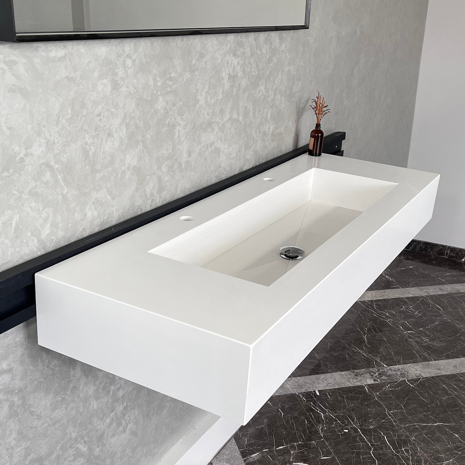 Quartz Countertop, Bathroom Vanity With Single Trough Sink, Vessel Sink ...